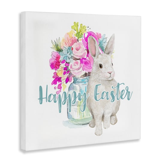 Stupell Industries Happy Easter Calligraphy Bunny Pink Flower Bouquet Canvas Wall Art